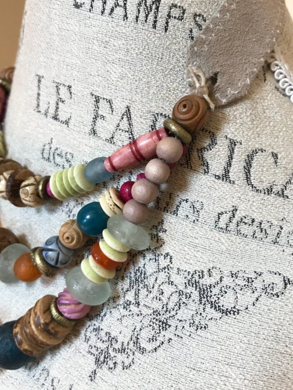 Twine & Twig Layered Desert Beaded Necklace Womens Suede Strap Blue Brown Beads - Picture 6 of 9